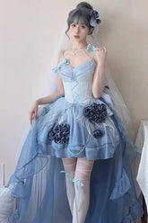 Robe Jsk Lolita Ballet Douce à Lacets avec Nœud Brodé Cygne Wonderland Bleu Ciel Version Courte